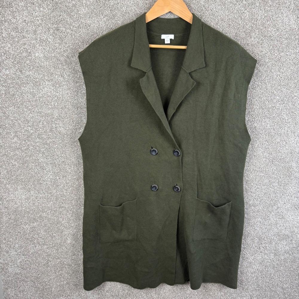 J. Jill Womens XL Olive Green Double Breasted Knit Blazer Vest Longline Pockets
